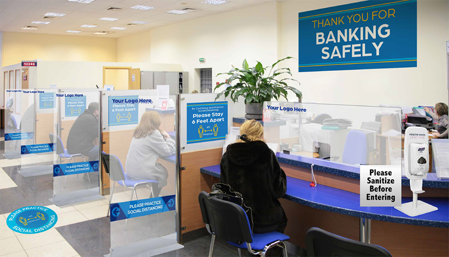 Reopening Signs for Banks Including Social Distancing and Safe Hygiene Signs