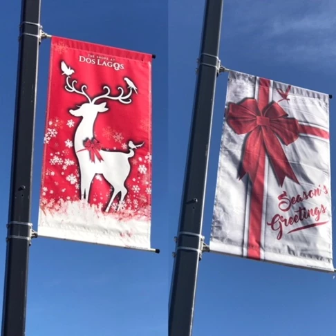 Holiday street pole banners for Dos Lagos Promenade shops, Corona, CA