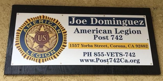 Metal on wood exterior sign for the American Legion Post 742 in Corona, CA.