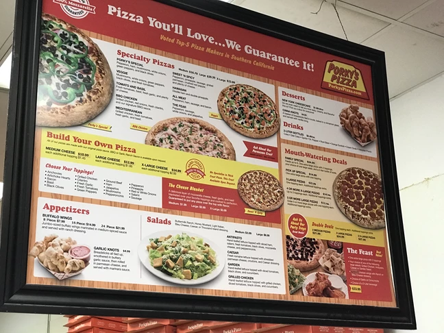 Custom Menu Board for Porkys Pizza, Corona, CA