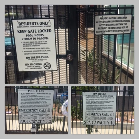 Pool and spa safety signs at TerranO Luxury Apartments, Corona, CA